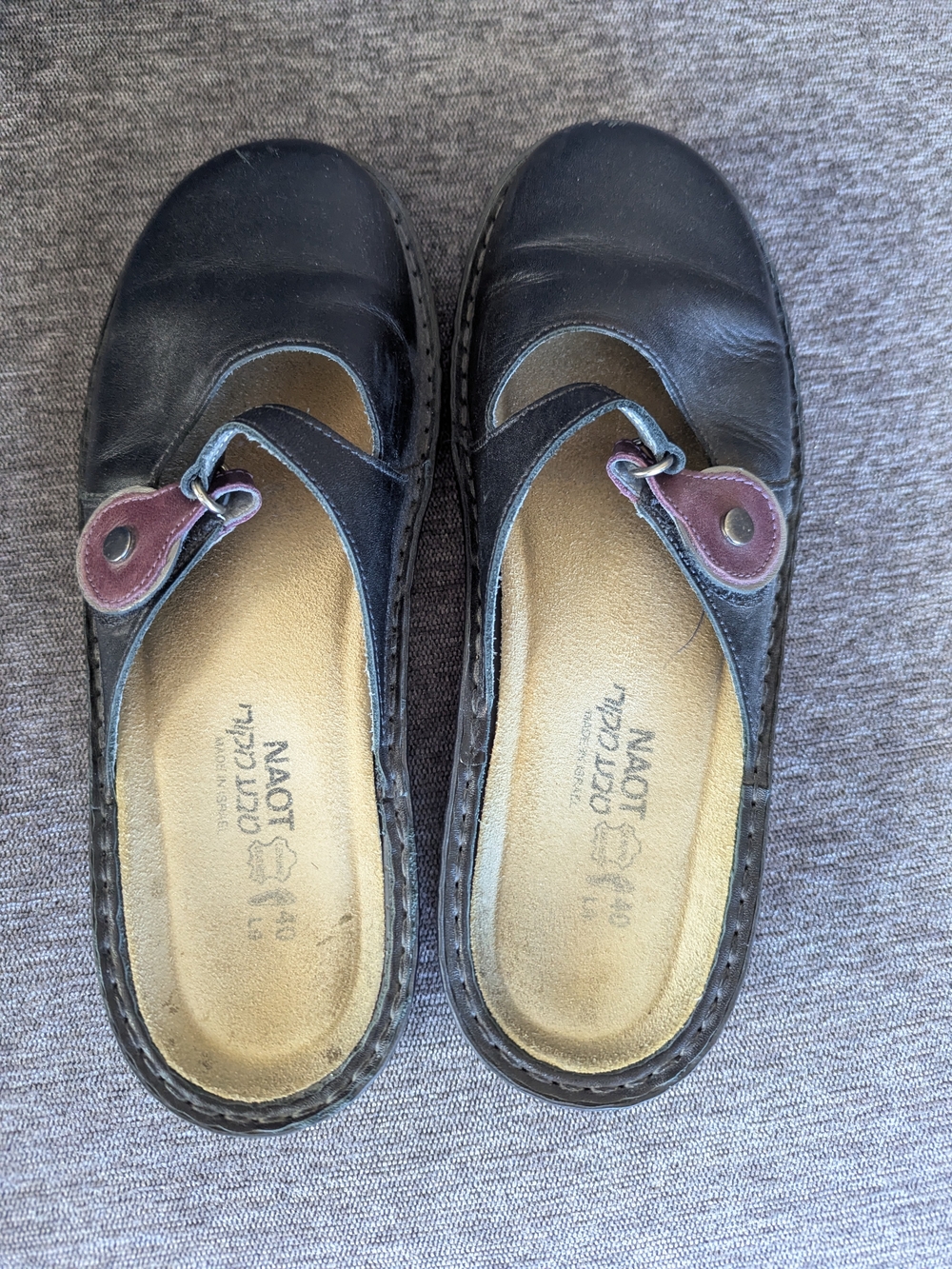 Naot Black Leather Mary Jane Mules with Burgundy Strap Accent